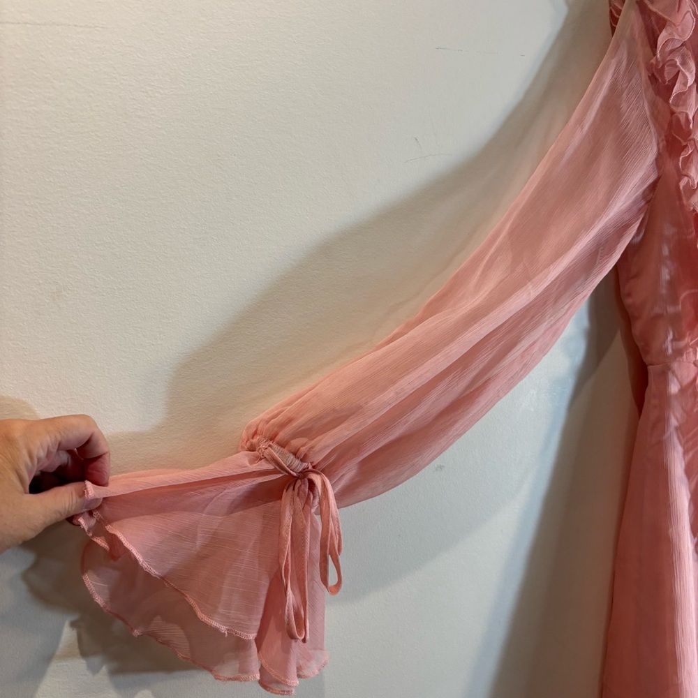 L'ATISTE Sz S Blush Pink Sheer Dress with Ruffles And Balloon Sleeves Lined Ties - Picture 4 of 12
